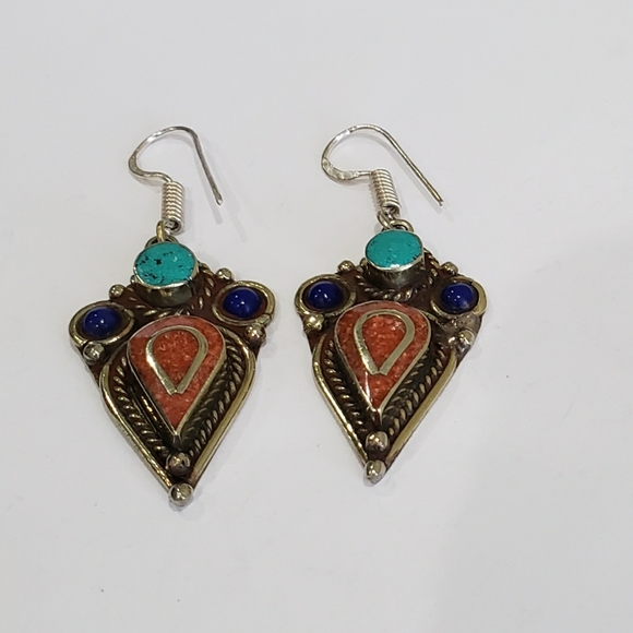 Tibetan Turquoise Lapis Lazuli Gem 925 Drop Earrings - Picture 12 of 12